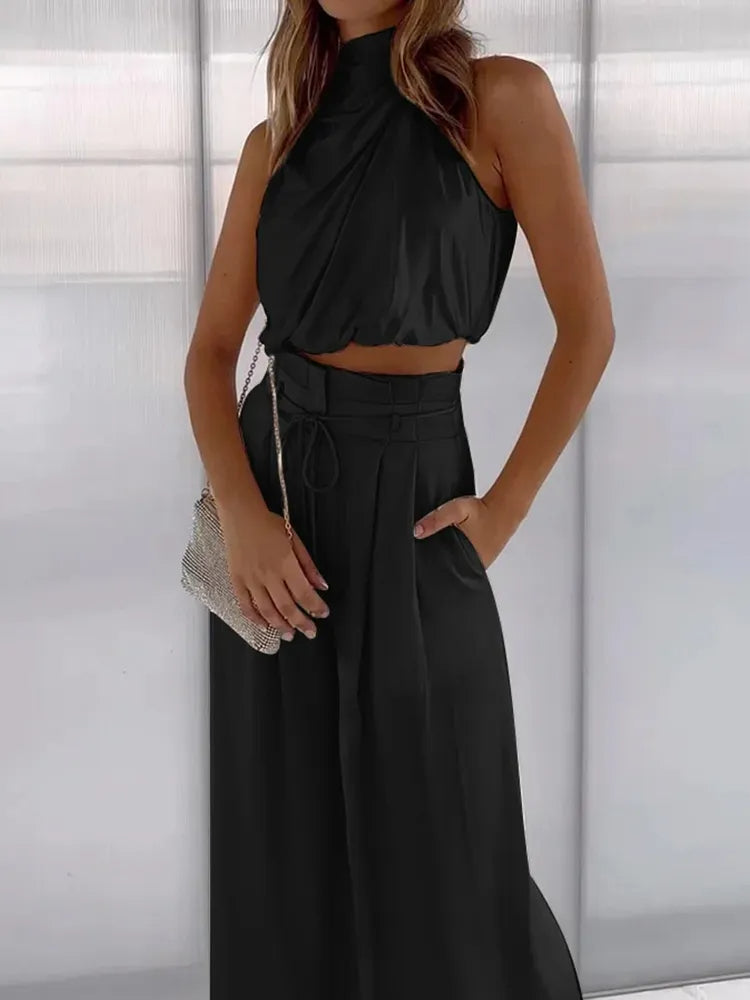 Donna - Conjunto de tops de moda y pantalones de pernera ancha