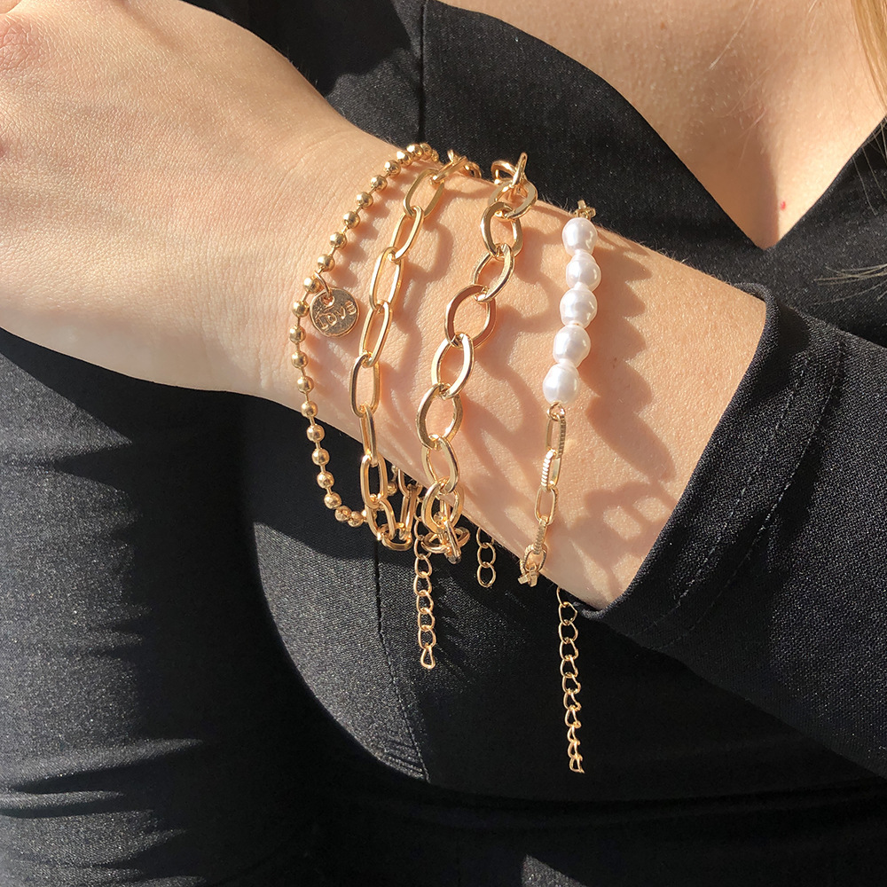 Conjunto de pulsera de perlas doradas de 3 piezas - excelente juego de cadenas
