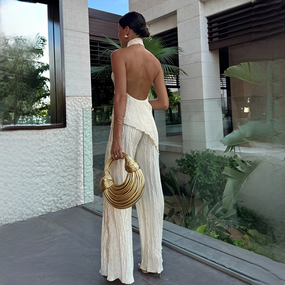 Elvissa - Conjunto elegante de top y pantalones de pierna ancha