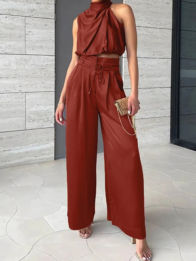 Donna - Conjunto de tops de moda y pantalones de pernera ancha