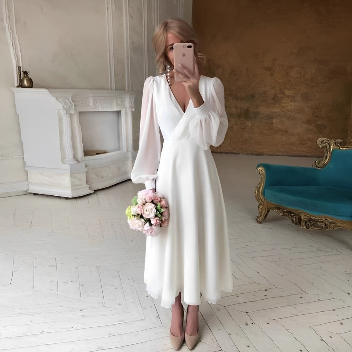 Carla - Vestido elegante y fluido de manga larga para damas