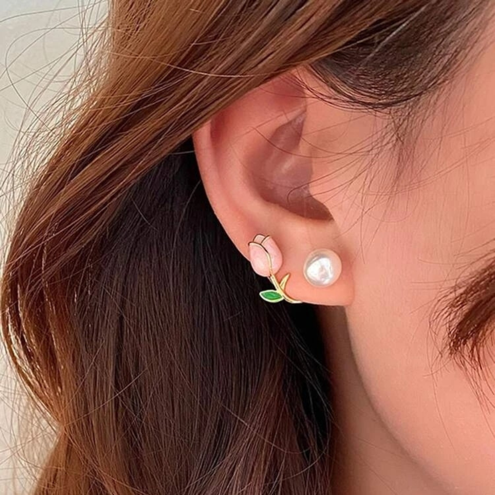 Pendientes de perlas en forma de tulipanes - Pendientes de perlas de flores moradas