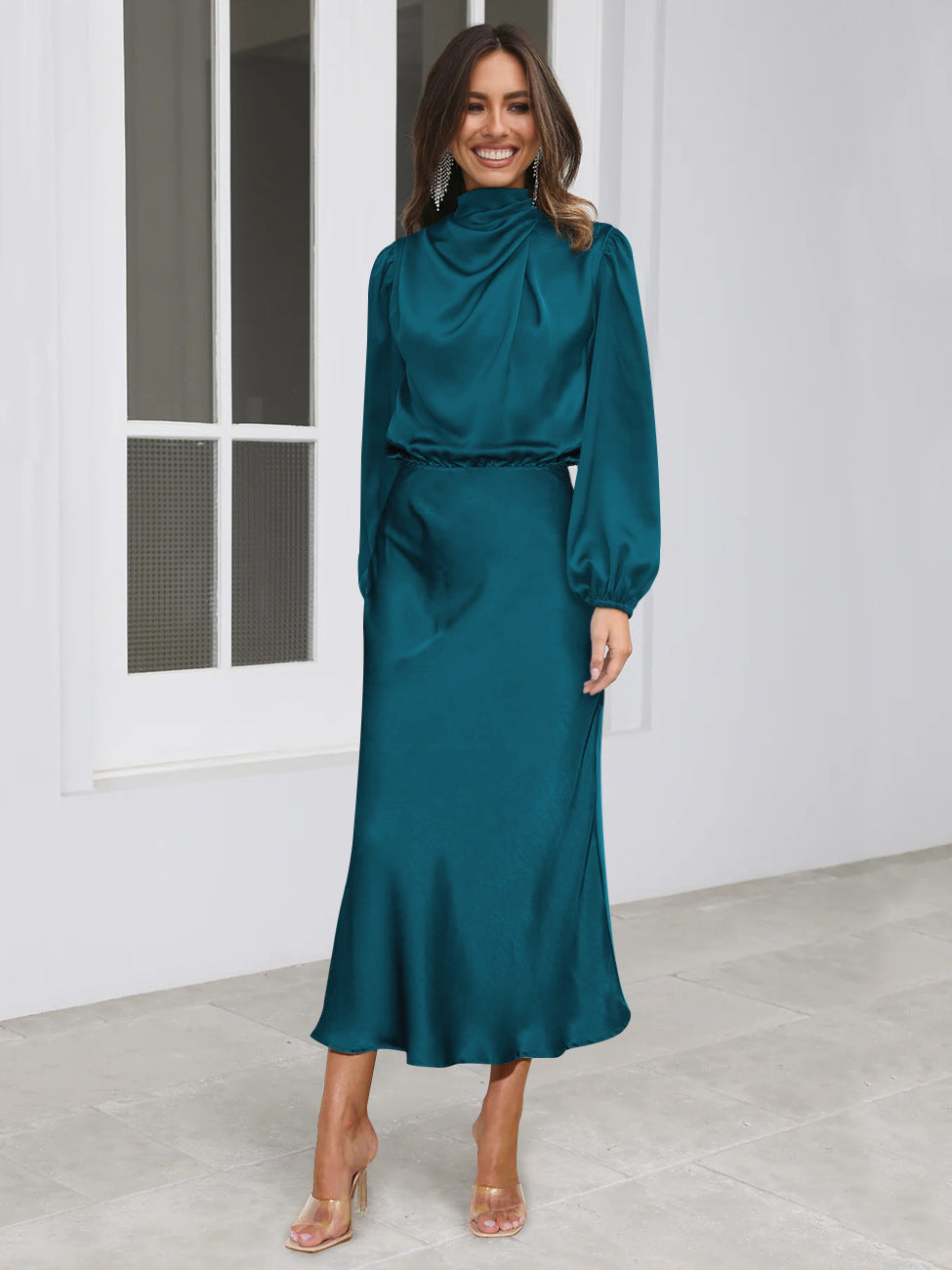 Danica - Vestido elegante de manga larga con cuello halter para mujeres