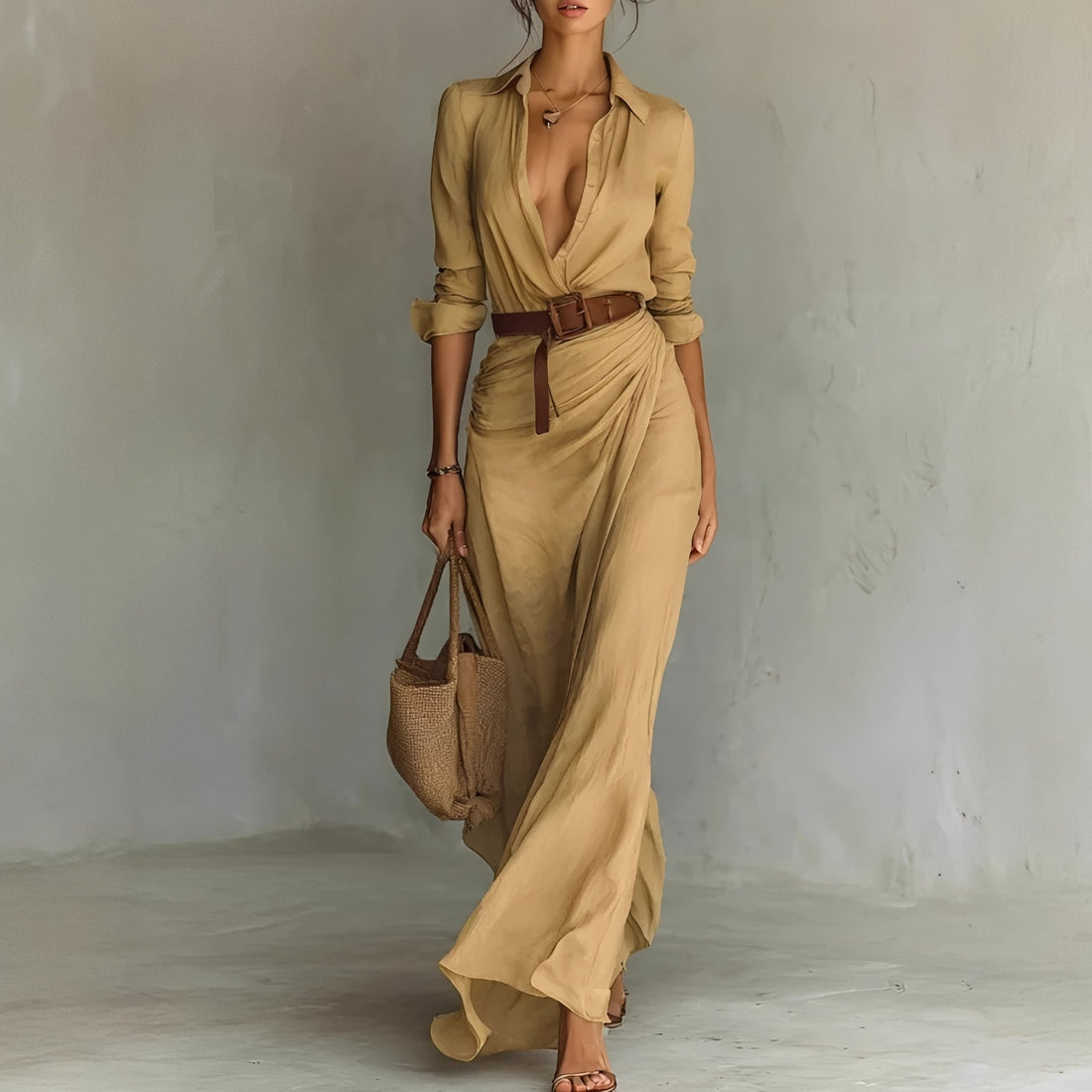 Hanny - Vestido Maxi Cómodo con Cinturón en la Cintura