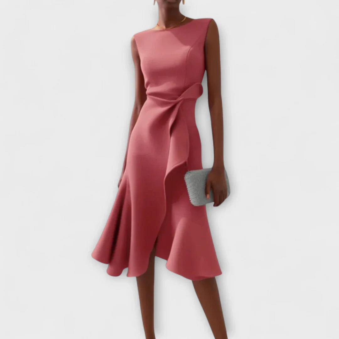 Sheila- Elegante vestido midi para damas con detalles de volantes