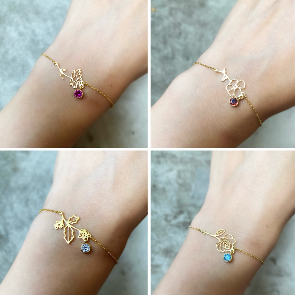 Pulsera Floral de Cumpleaños - Pulsera con Piedra del Mes y Flor