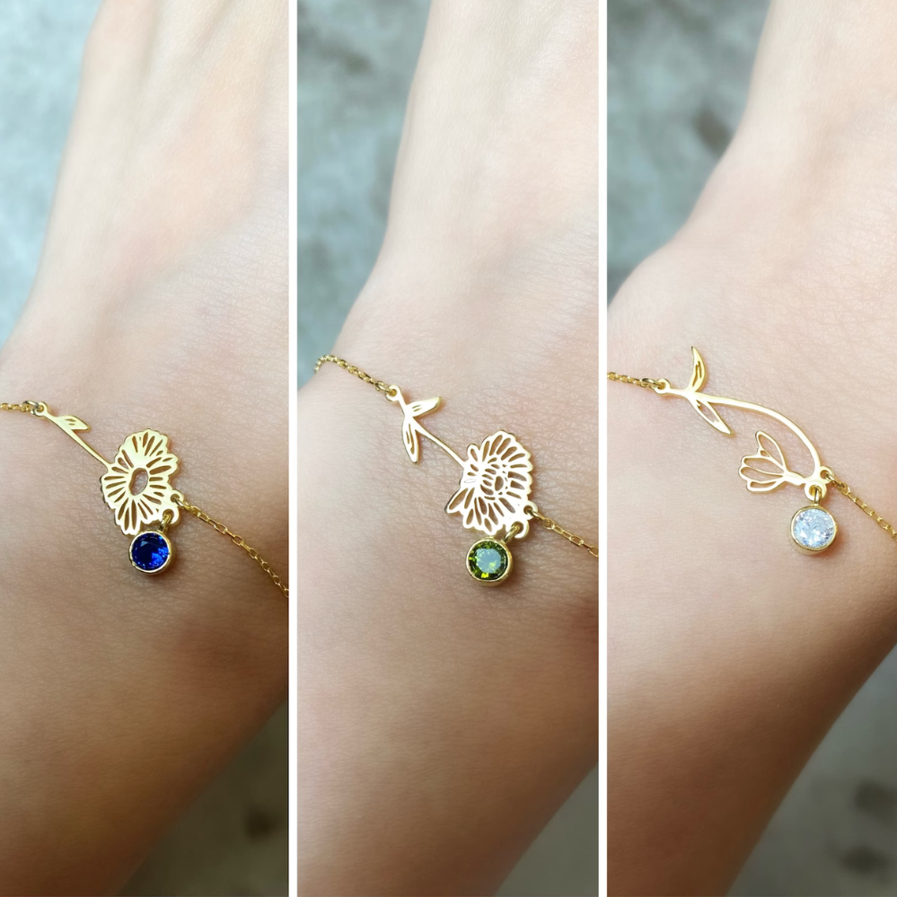 Pulsera Floral de Cumpleaños - Pulsera con Piedra del Mes y Flor