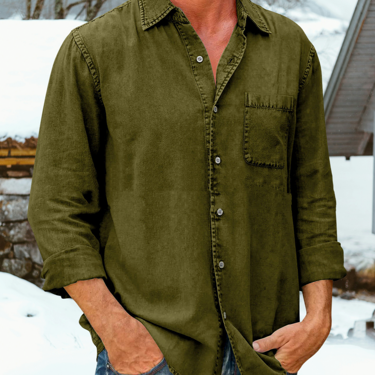 Bronislaw - Camisa casual lisa de manga larga para hombres