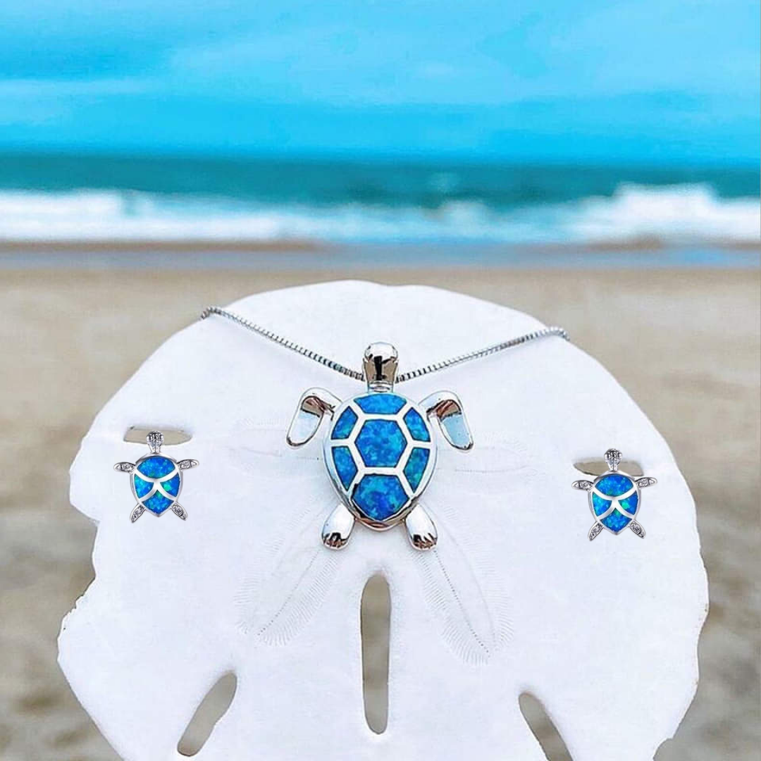 Kailea – Conjunto de joyas de tortuga de ópalo y plata (collar + pendientes)