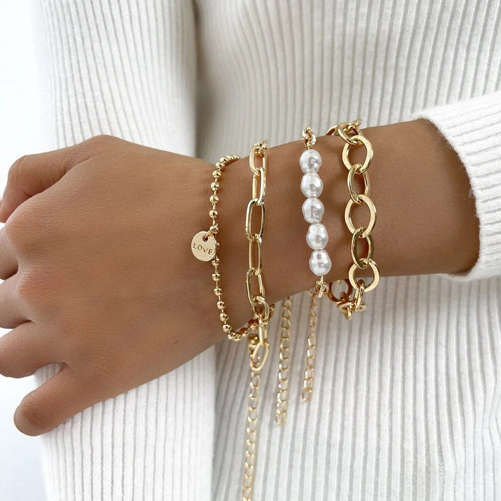 Conjunto de pulsera de perlas doradas de 3 piezas - excelente juego de cadenas