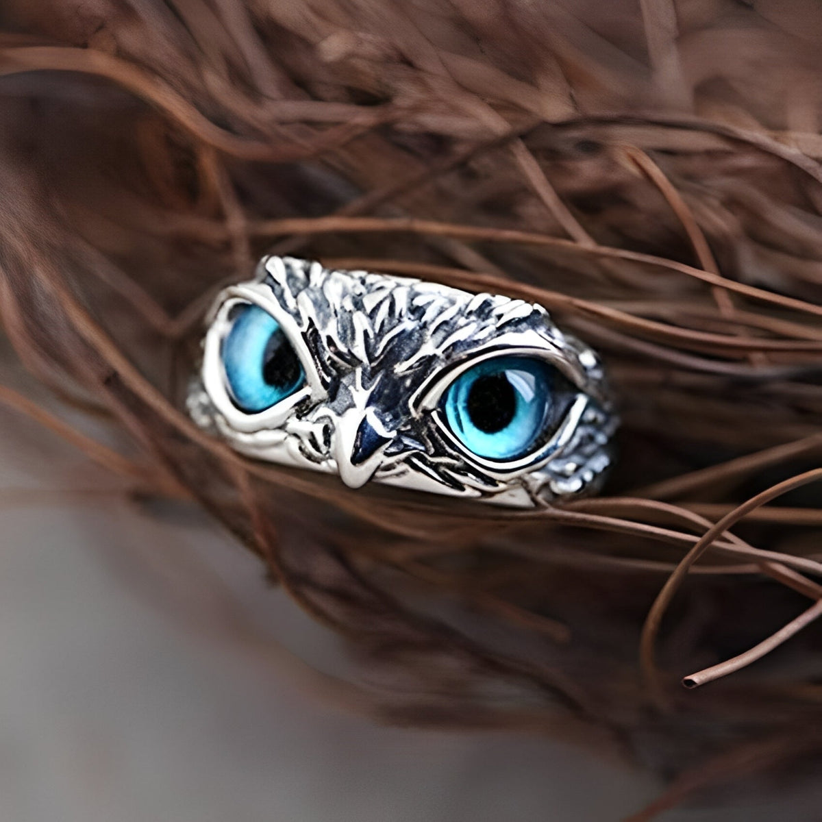 Brianna – Anillo ajustable de la suerte con búho en plata y ópalo