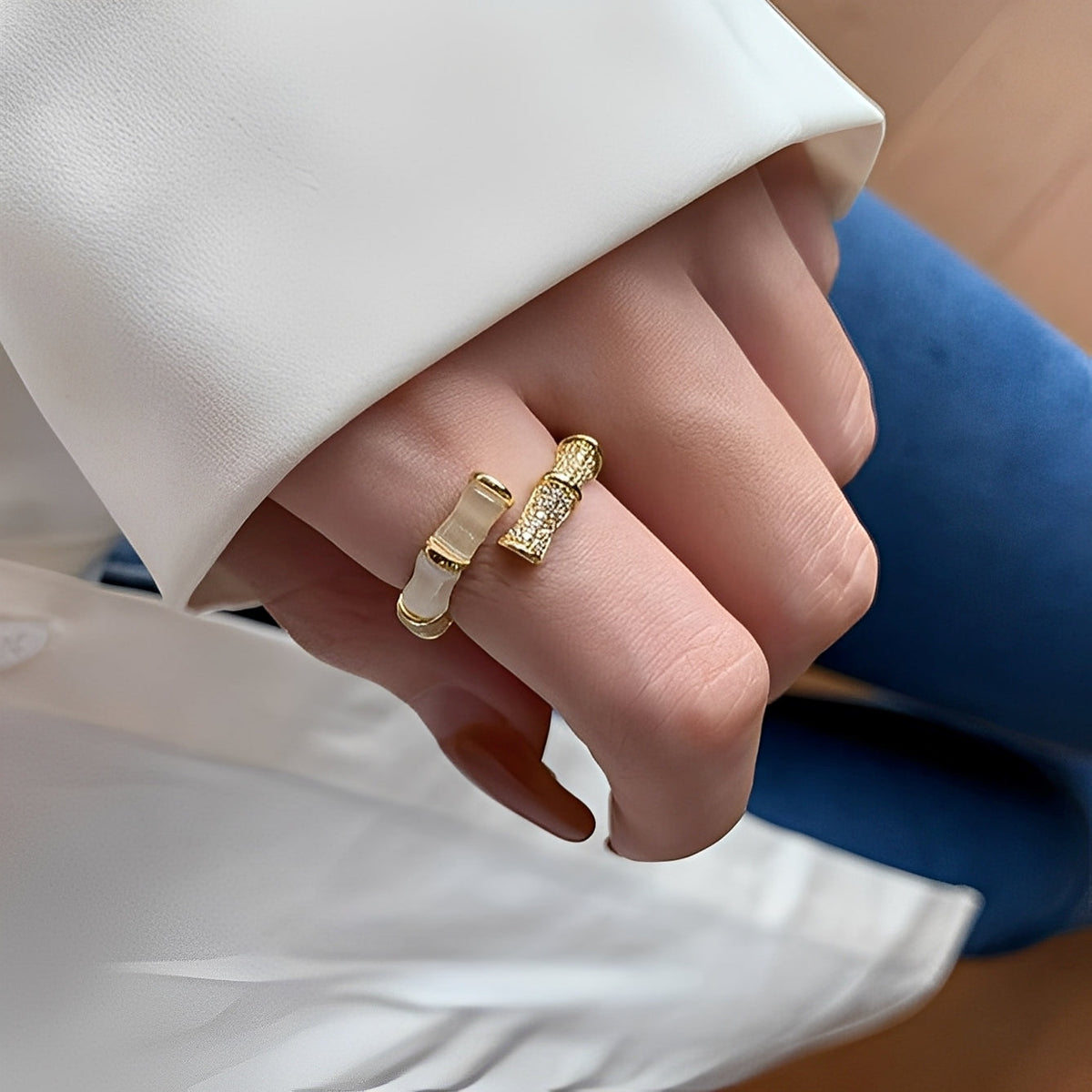 Lysiane – Anillo ajustable con diseño de bambú dorado