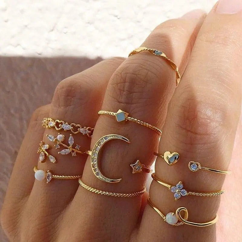 Savana – Conjunto de 10 anillos boho en tonos metálicos plateados y dorados
