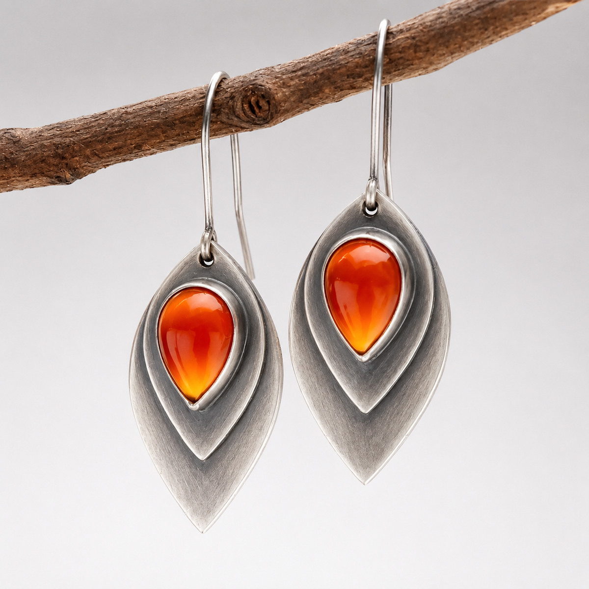 Inès – Pendientes retro con piedra naranja y plata de ley