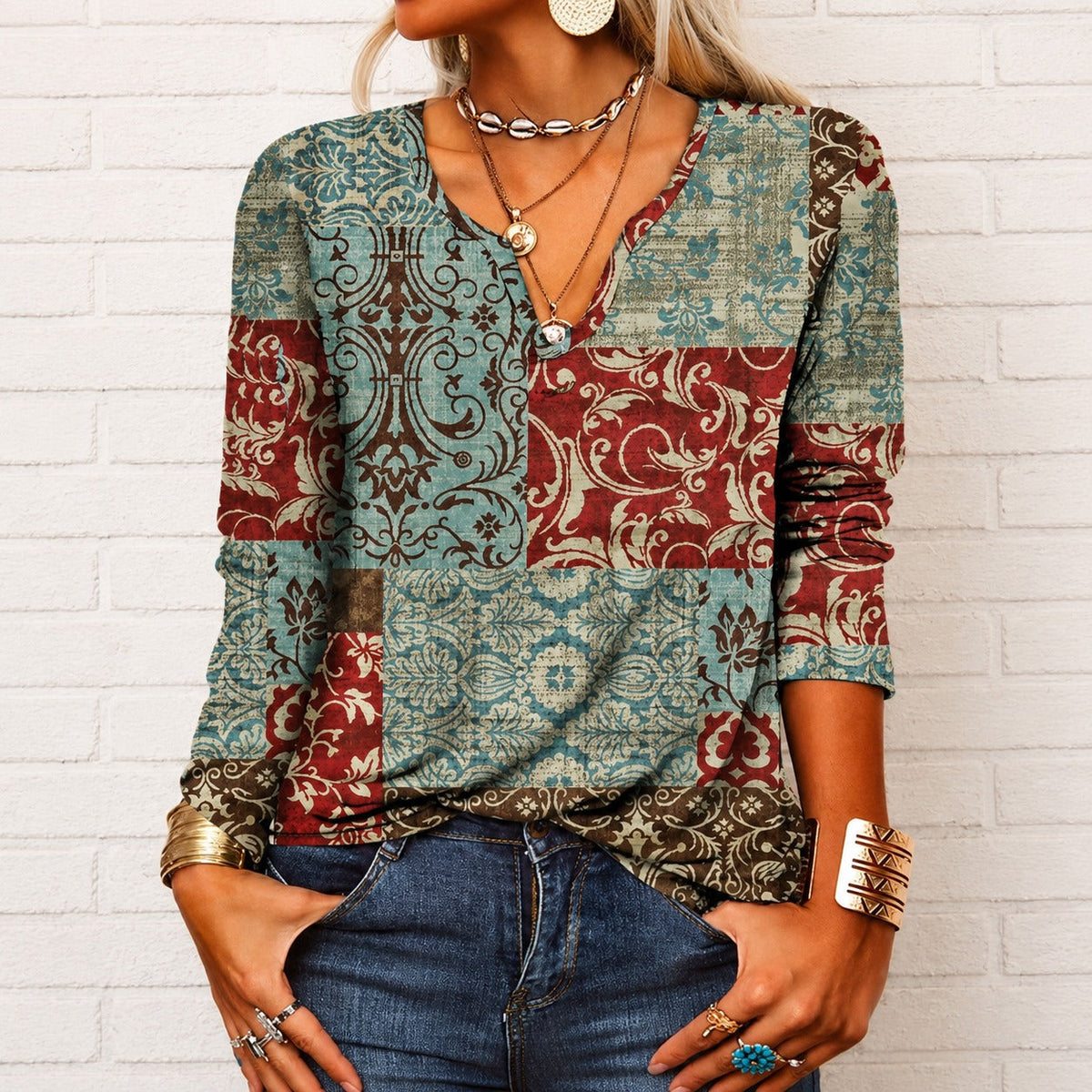 Katharina - Blusa estilo boho con mangas largas y cuello en V