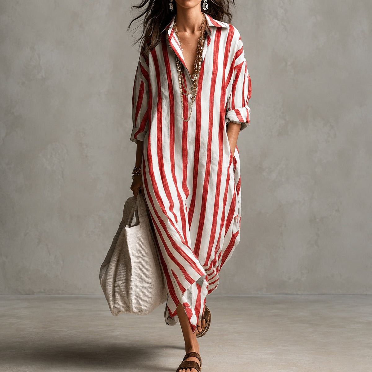 Elysia - Vestido Camisero Suelto de Manga Larga