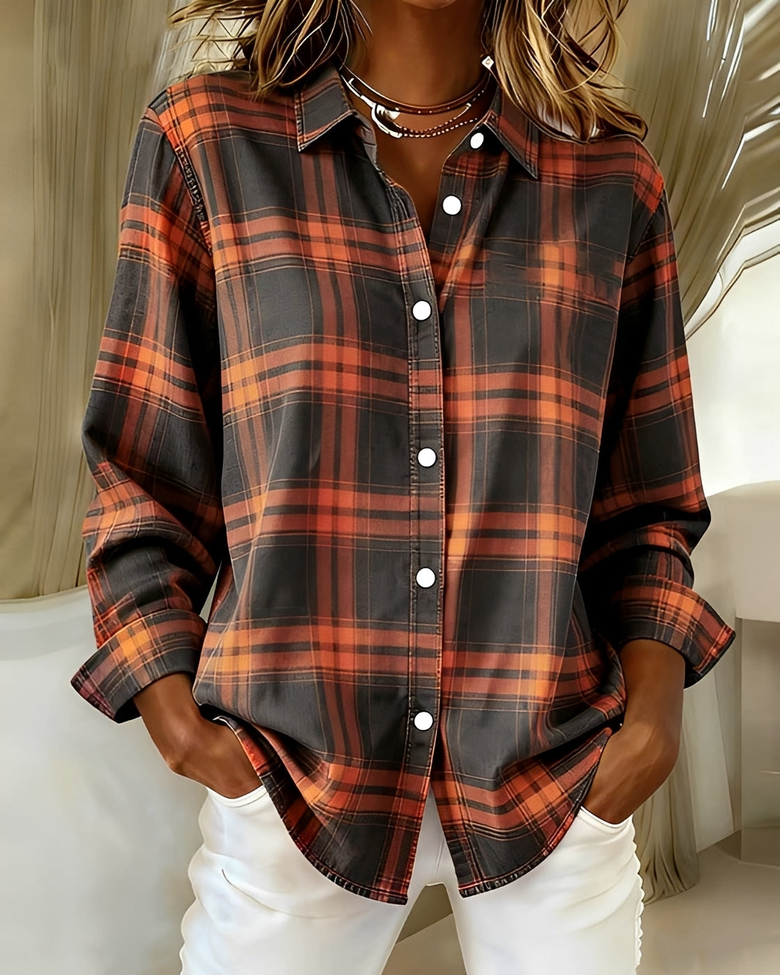 Eliza - Camisa Casual de Manga Larga a Cuadros