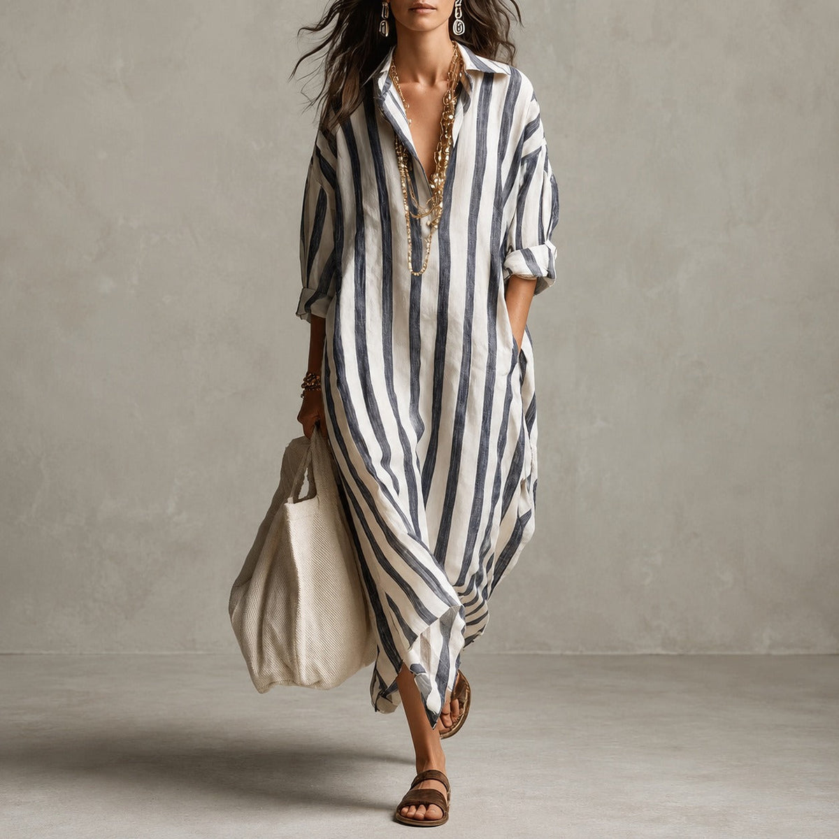 Elysia - Vestido Camisero Suelto de Manga Larga
