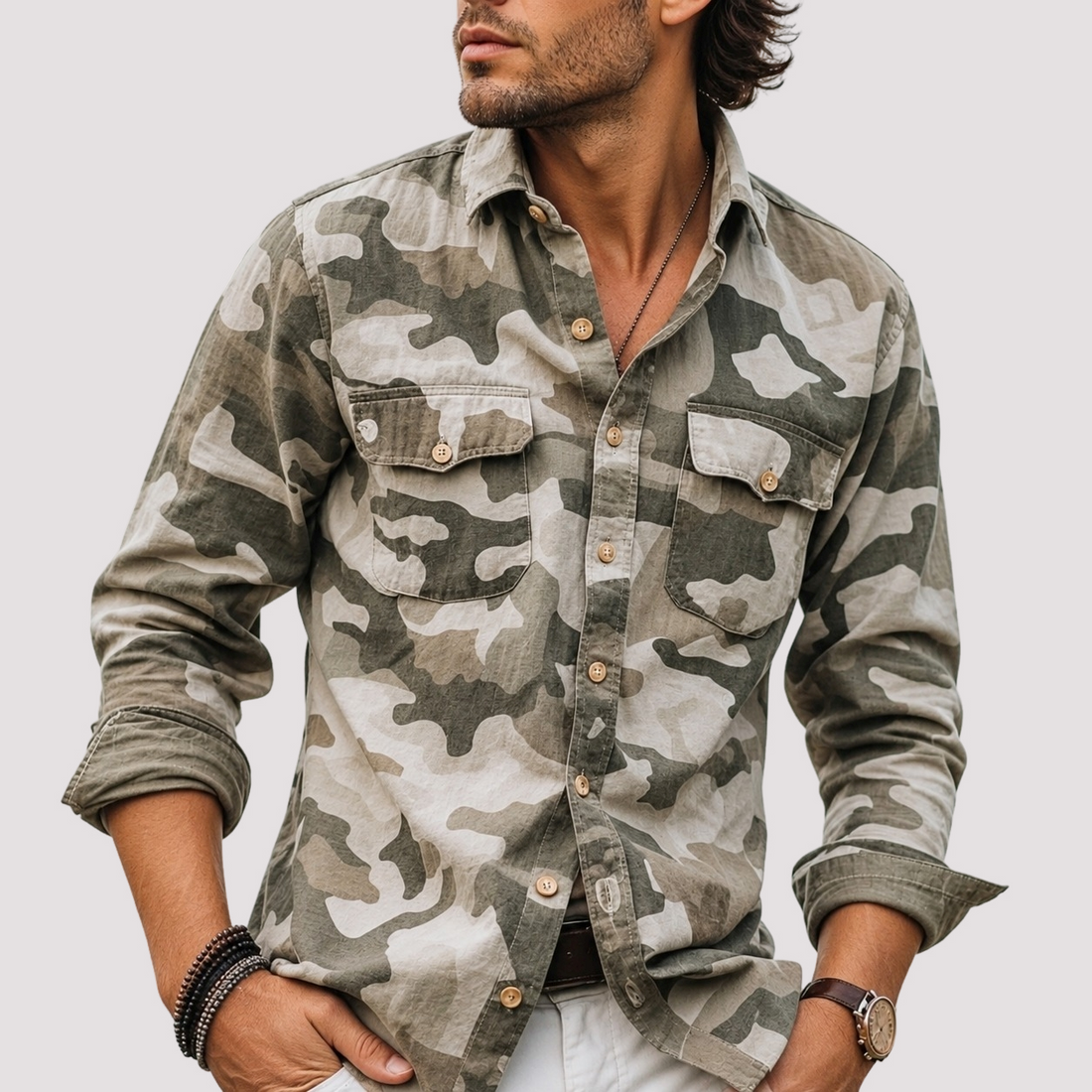 Jeffrey - Camisa Cargo con Solapa de Camuflaje