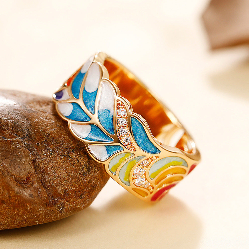 Margaux – anillo de diseño dorado cerámica azul y blanca