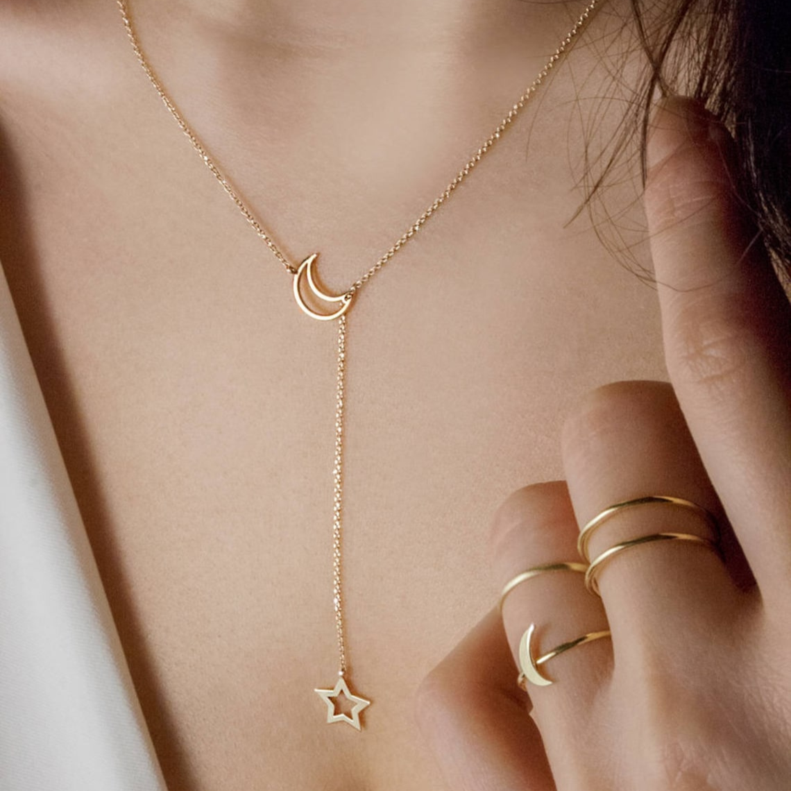 Collar estilo Lariat de luna y estrella