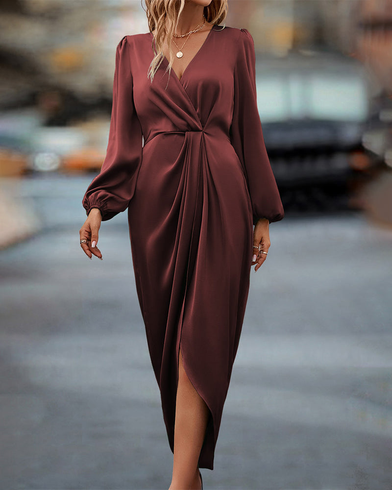 Leona - Vestido Elegante con Cuello en V y Mangas de Farol
