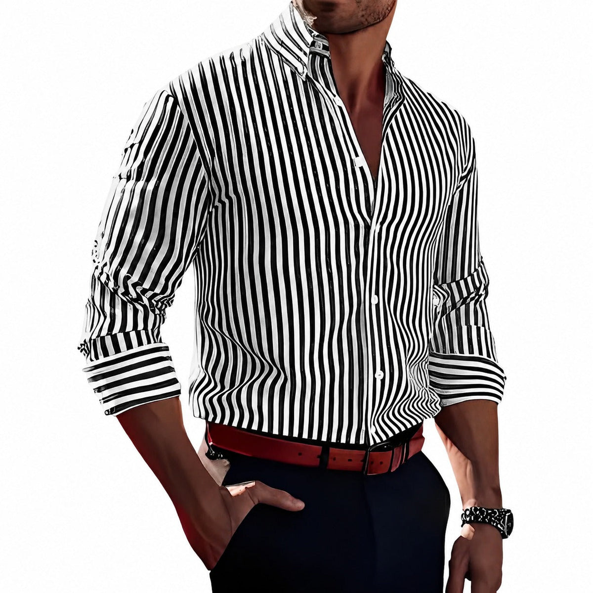 Brycen - Camisa de hombre a rayas de manga larga y con estilo