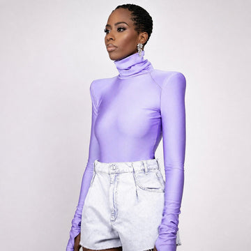 Ellery - Body de cuello alto para mujer con hombreras