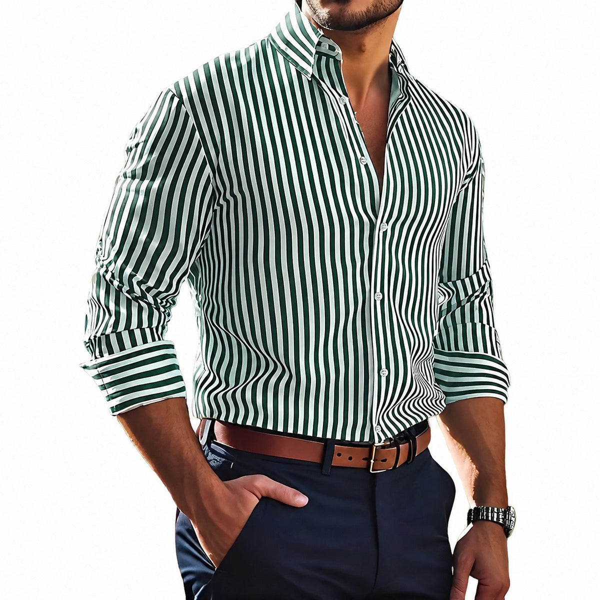 Brycen - Camisa de hombre a rayas de manga larga y con estilo