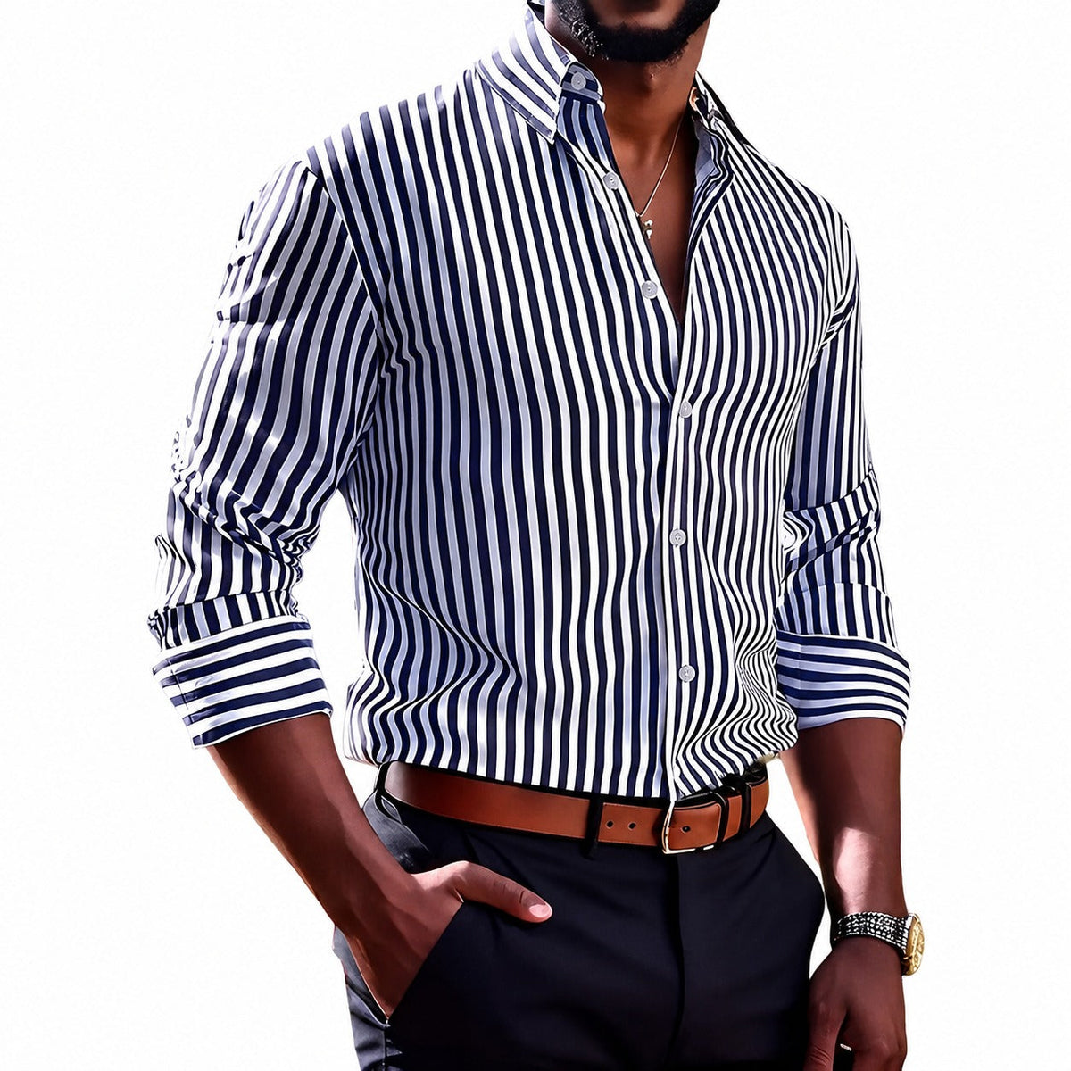 Brycen - Camisa de hombre a rayas de manga larga y con estilo