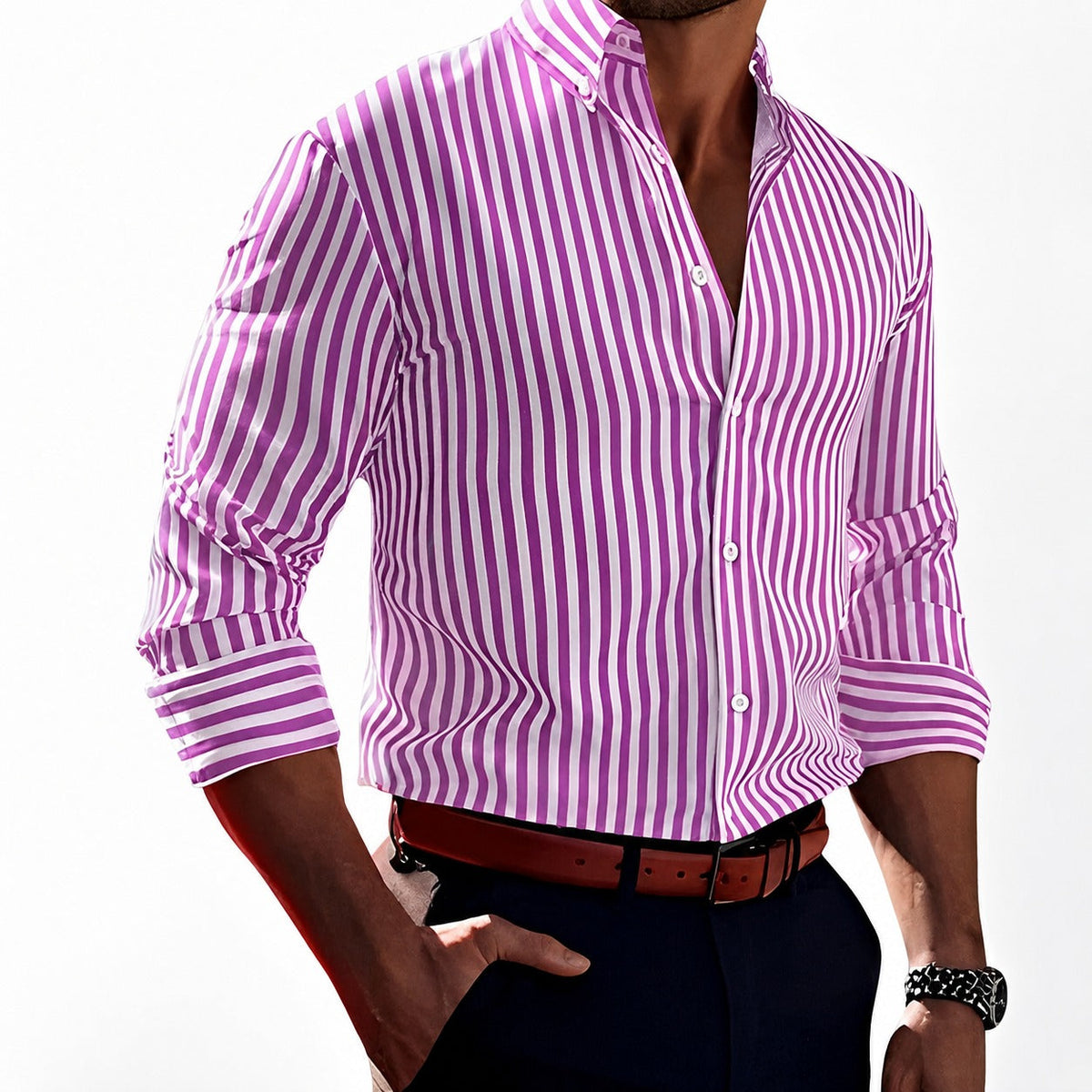 Brycen - Camisa de hombre a rayas de manga larga y con estilo