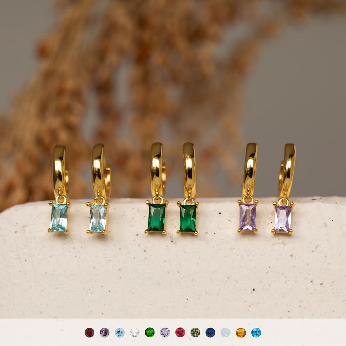 Aros Baguette de piedra de nacimiento - Pendientes Huggies de piedra de nacimiento
