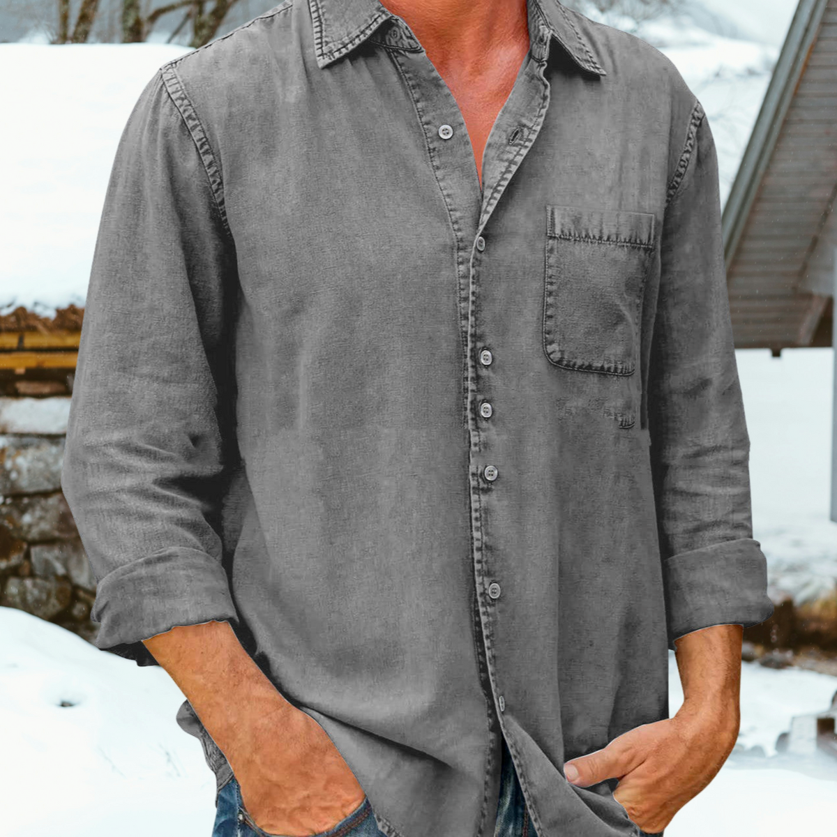 Bronislaw - Camisa casual lisa de manga larga para hombres