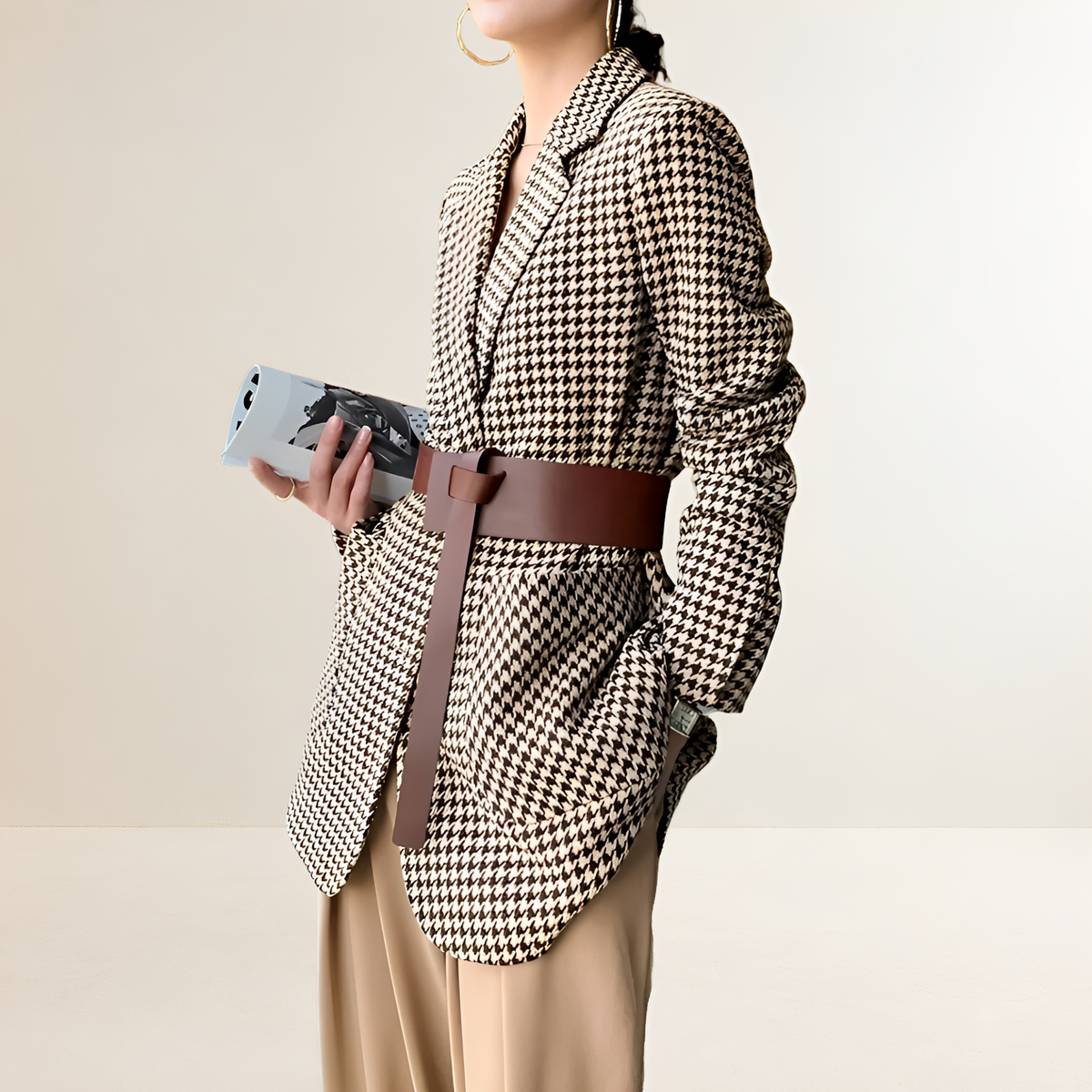 Blazer para mujer de manga larga con patrón de pata de gallo y cinturón ajuste regular