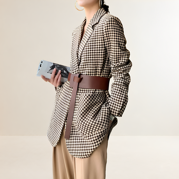Blazer para mujer de manga larga con patrón de pata de gallo y cinturón ajuste regular