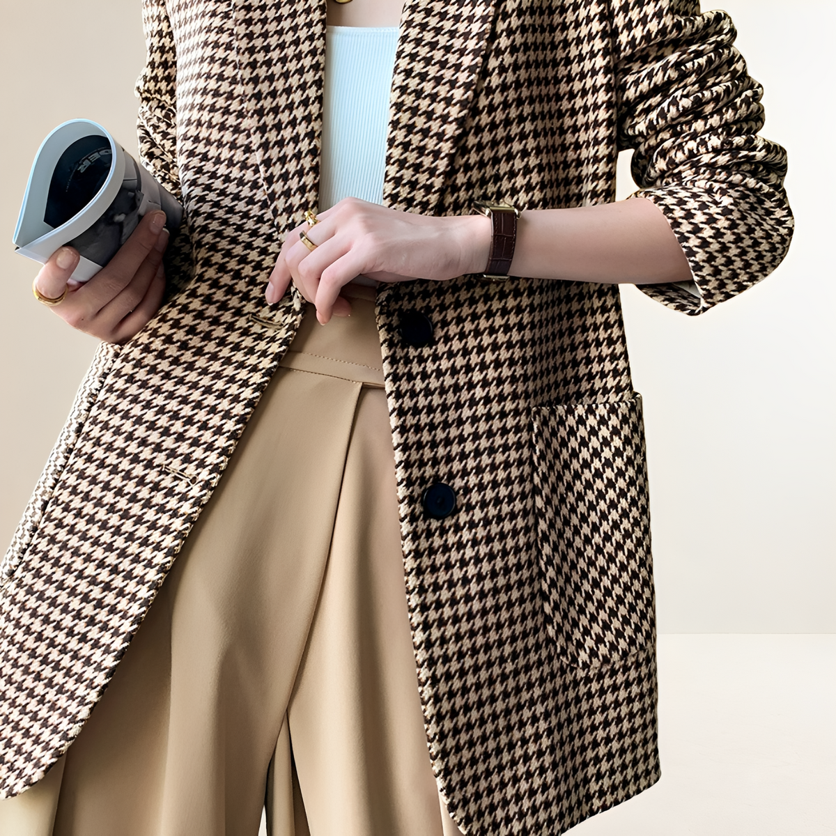 Blazer para mujer de manga larga con patrón de pata de gallo y cinturón ajuste regular