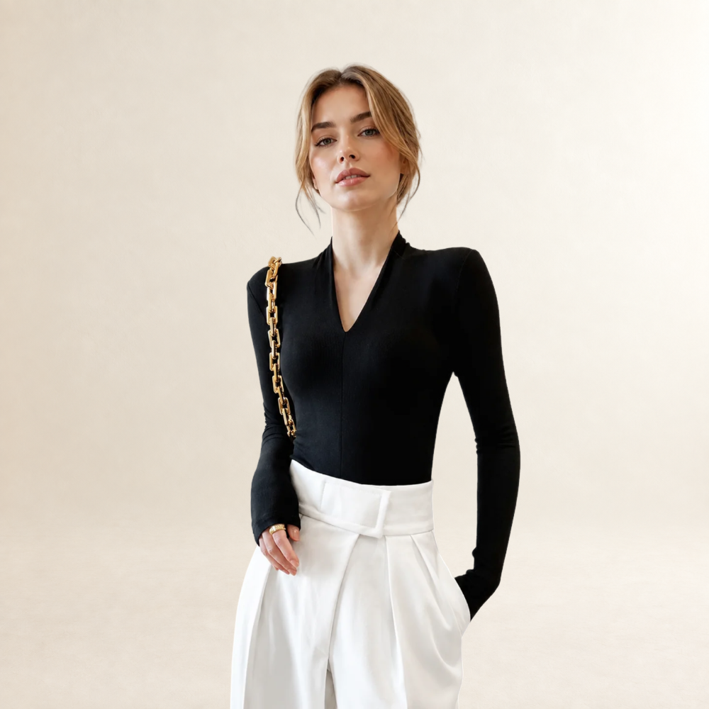 Blusa de manga larga para mujer con escote en V ajuste regular silueta estrecha