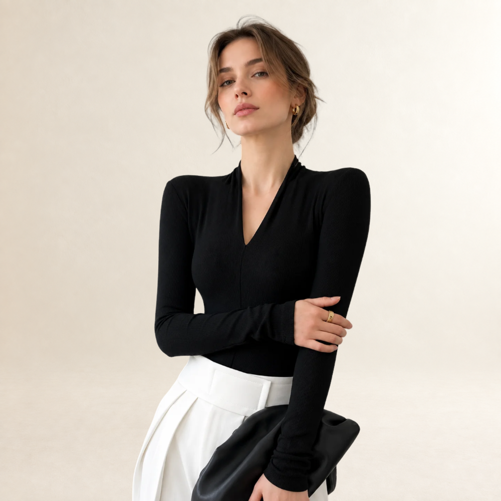 Blusa de manga larga para mujer con escote en V ajuste regular silueta estrecha