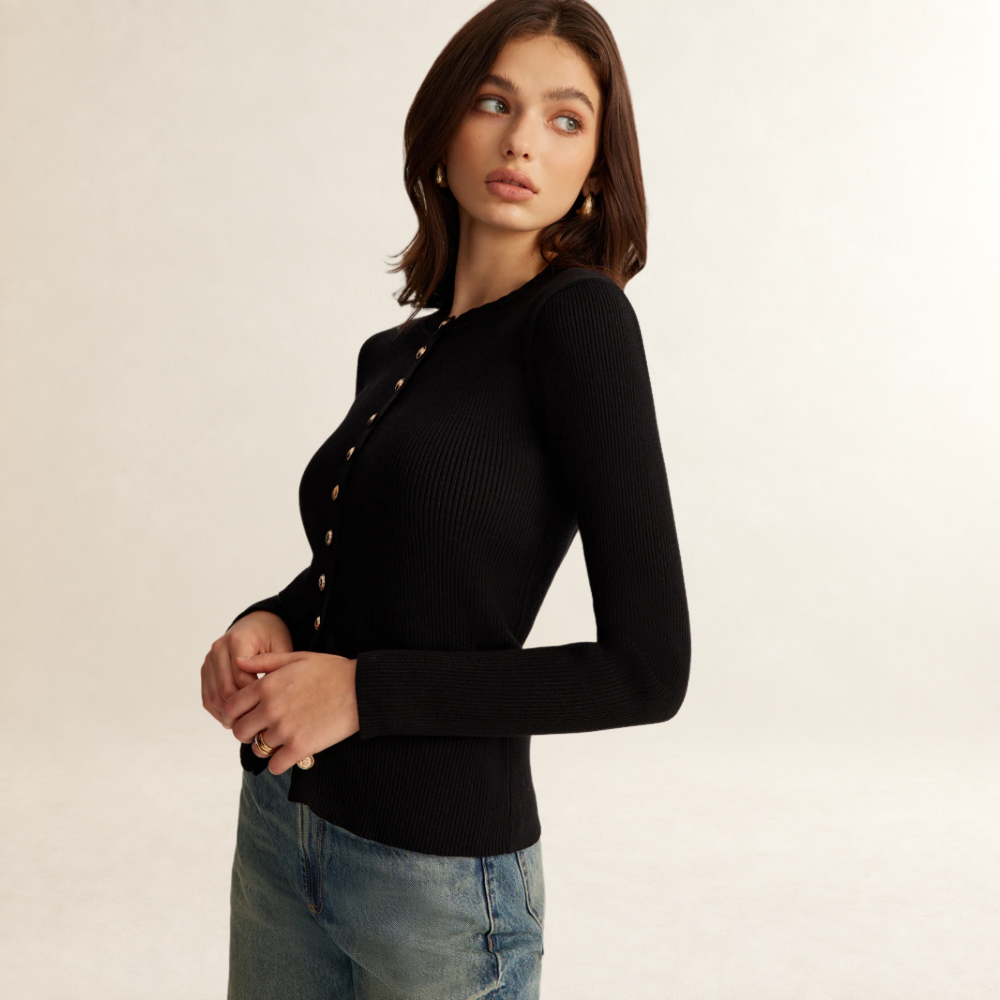 Blusa para mujer de manga larga y ajuste ajustado con textura acanalada y botones