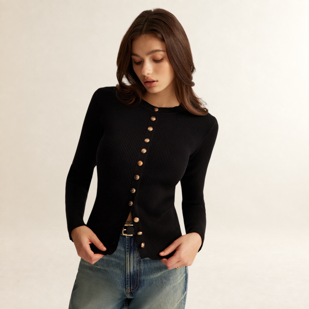 Blusa para mujer de manga larga y ajuste ajustado con textura acanalada y botones
