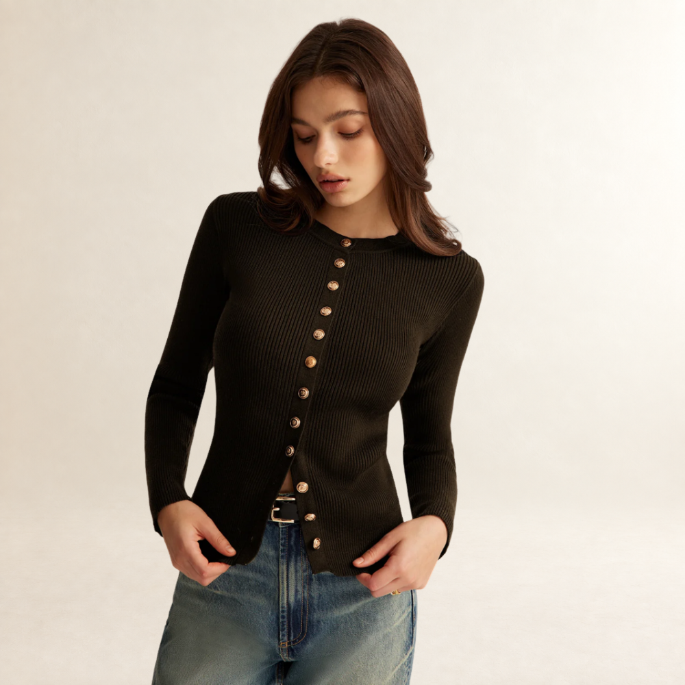 Blusa para mujer de manga larga y ajuste ajustado con textura acanalada y botones