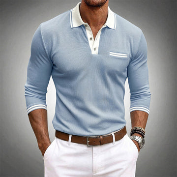 Camisa polo de manga larga para hombre con contraste y bolsillo en el pecho