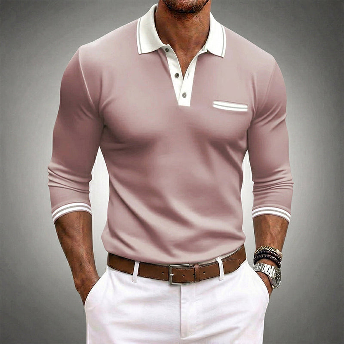 Camisa polo de manga larga para hombre con contraste y bolsillo en el pecho