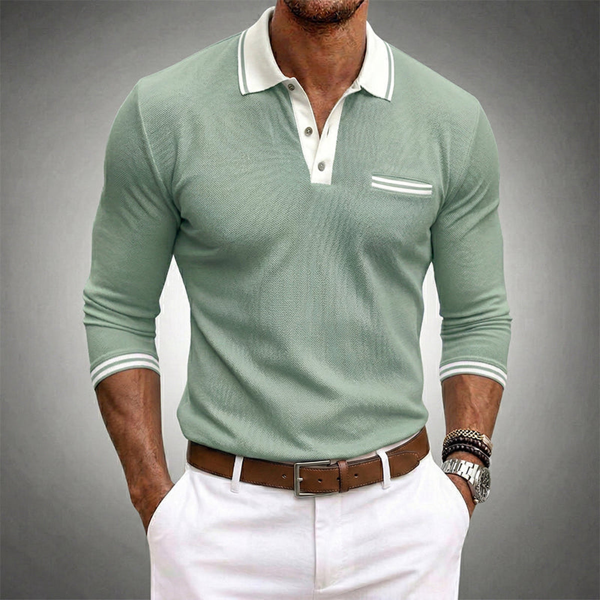 Camisa polo de manga larga para hombre con contraste y bolsillo en el pecho