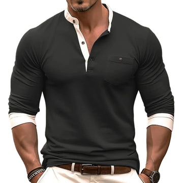 Camiseta de manga larga para hombre con cuello polo y bolsillo en el pecho - Corte ajustado