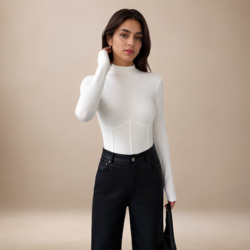 Camiseta de manga larga para mujer con cuello alto ajustado y diseño corsé