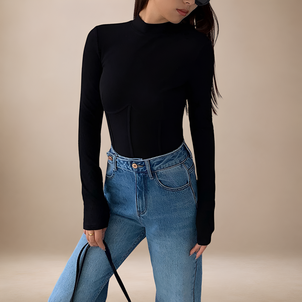 Camiseta de manga larga para mujer con cuello alto ajustado y diseño corsé