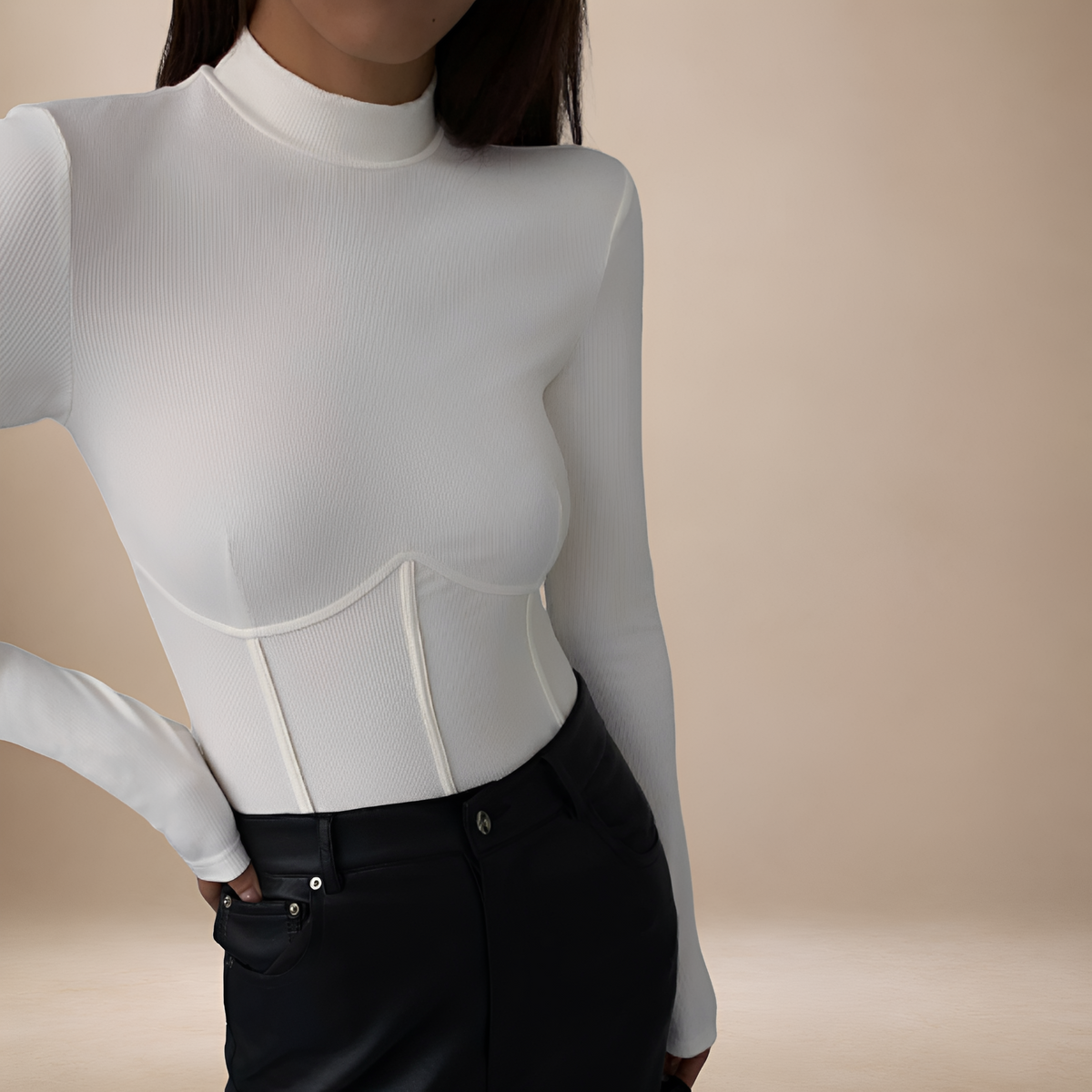 Camiseta de manga larga para mujer con cuello alto ajustado y diseño corsé