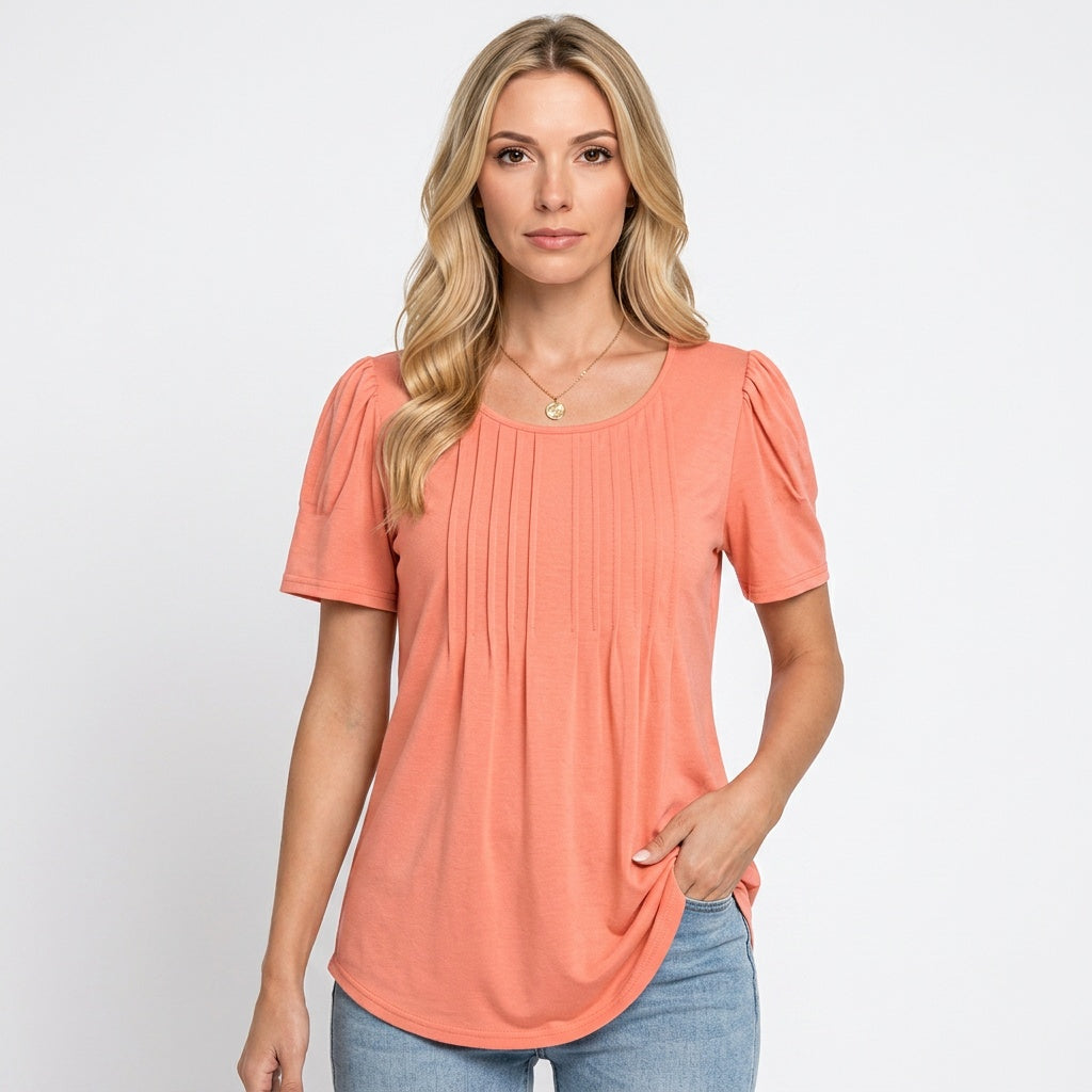 Camiseta de mujer de manga corta con pliegues detalle ajustado relajado cuello redondo