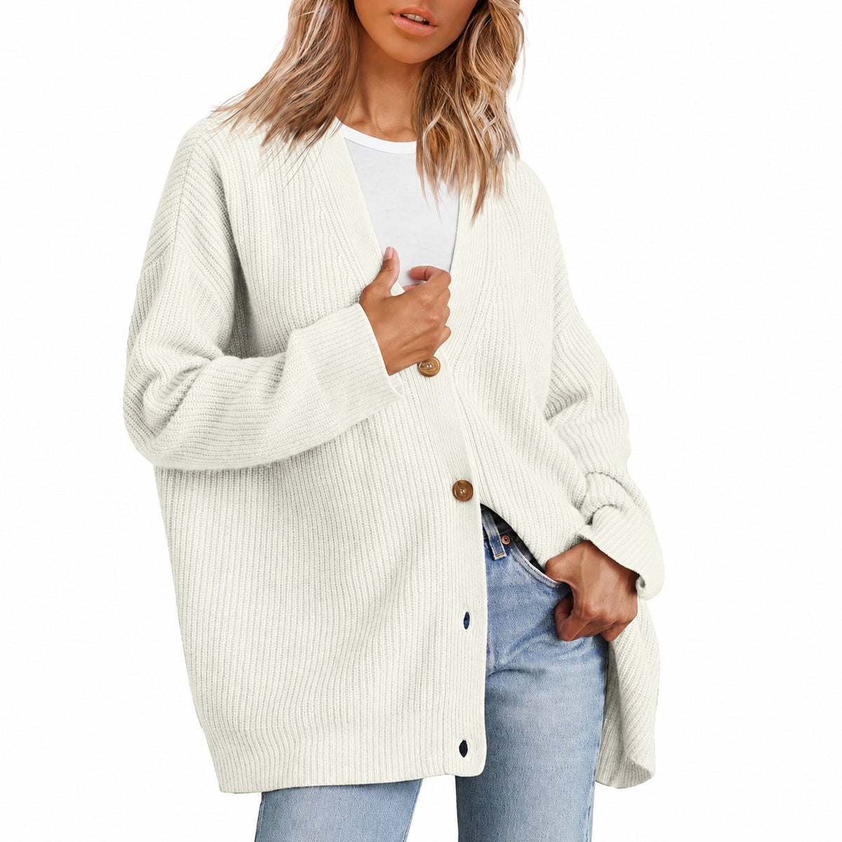 Cardigan mujer con escote en V y cierre de botones de corte oversize